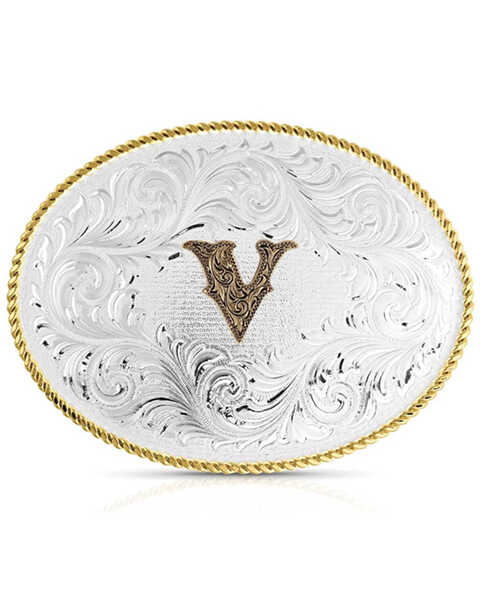 Montana Silversmiths Classic Western Oval Two-Tone Initial Belt Buckle - V, Silver, hi-res