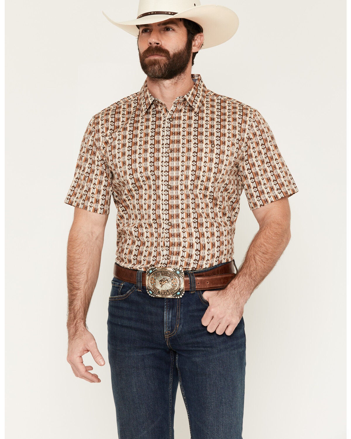 Image #1 - RANK 45&reg; Men's Buffalo Herd Geo Print Short Sleeve Button-Down Stretch Western Shirt, Brown, hi-res