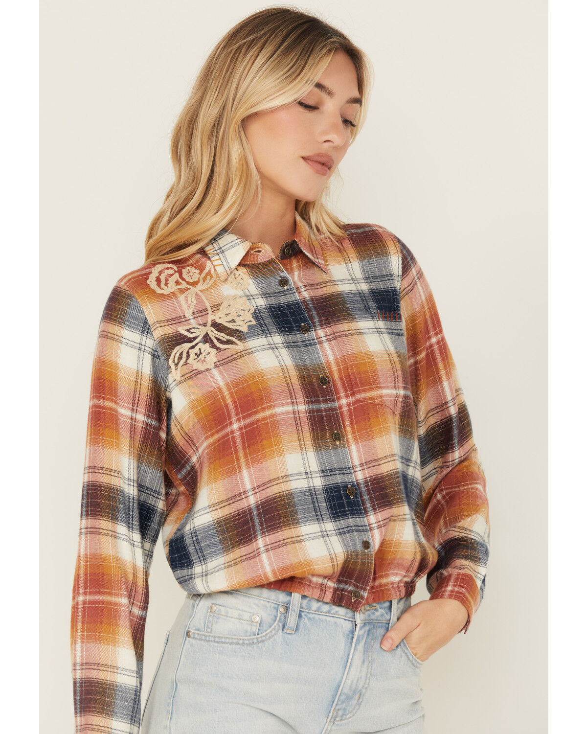 Image #2 - Cleo + Wolf Women's Embroidered Cropped Plaid Print Flannel Shirt, Lt Brown, hi-res