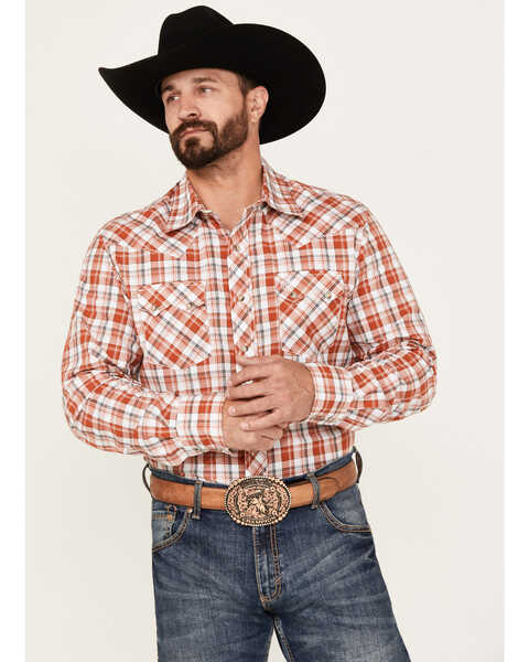 Wrangler Retro Men's Plaid Print Long Sleeve Snap Western Shirt, Orange, hi-res