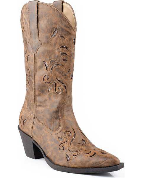 Image #1 - Roper Vintage Glittery Inlay Cowgirl Boots - Snip Toe, Tan, hi-res