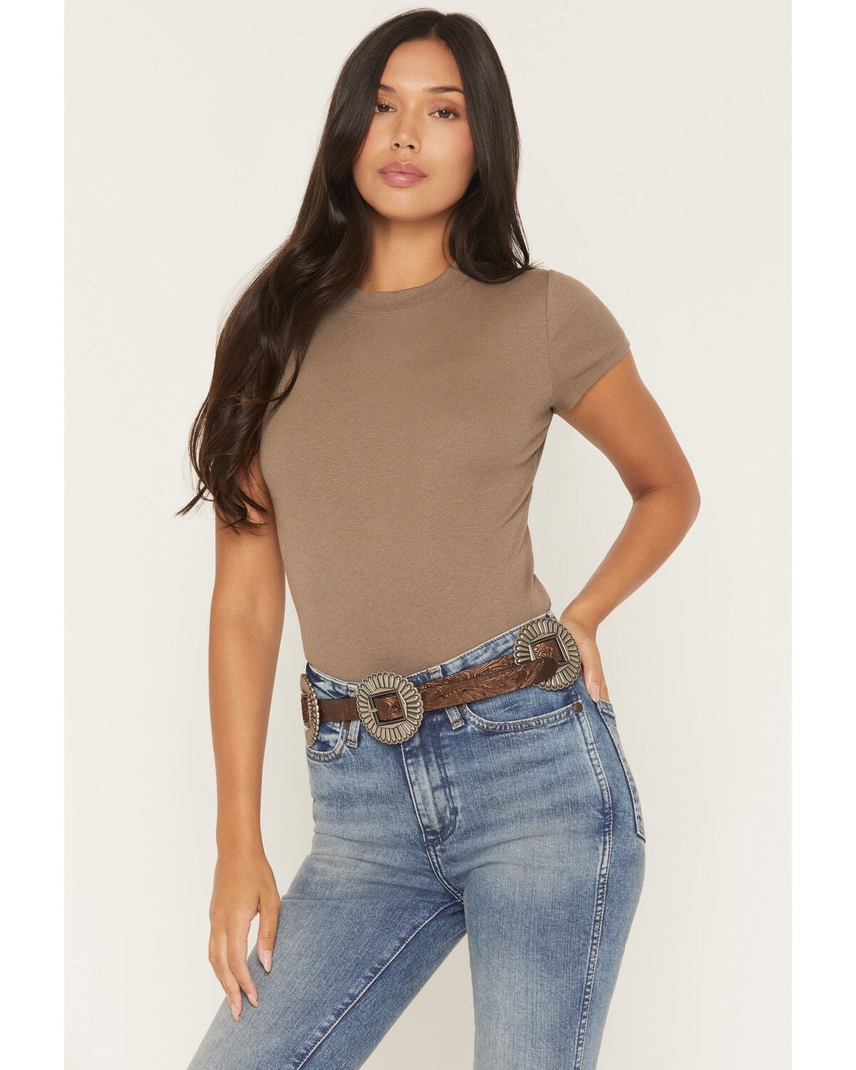 Shyanne Women's Tooled Metallic Concho Belt, Dark Brown, hi-res