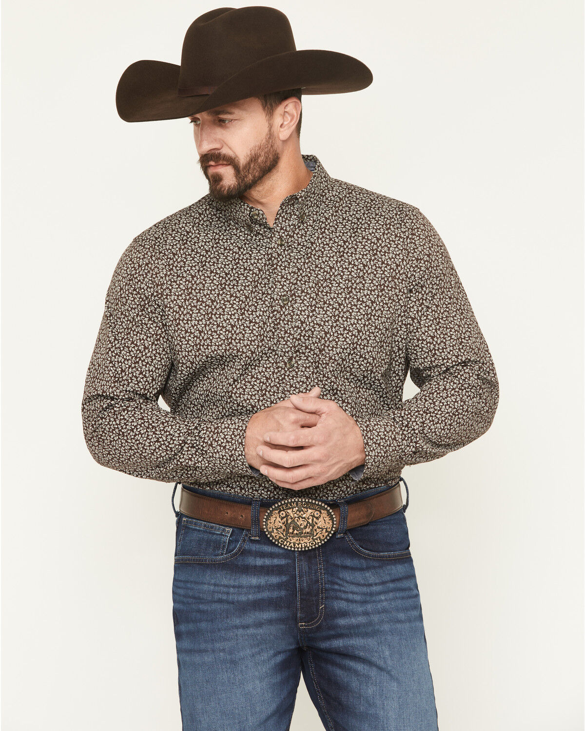 Image #1 - Cody James Men's Denali Ridge Micro Floral Print Long Sleeve Snap Western Shirt, Dark Brown, hi-res