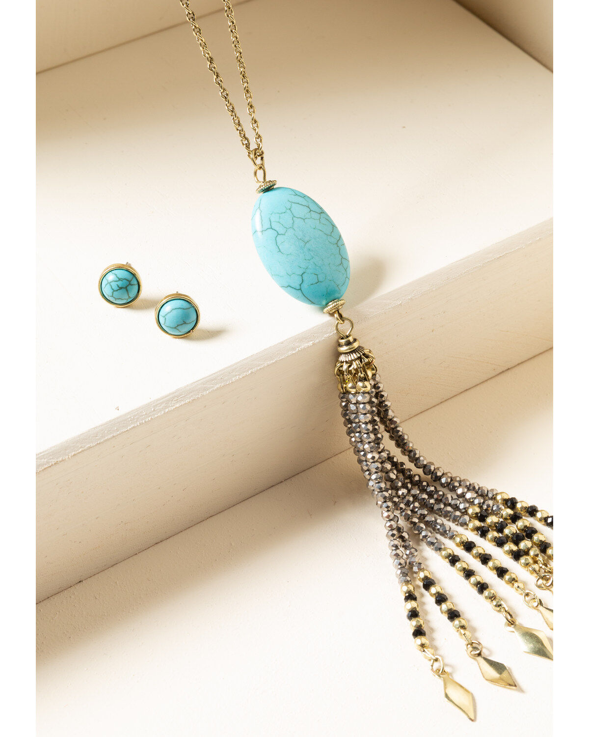 Image #2 - Shyanne Women's Gilded Gold Turquoise Stone Beaded Tassel Set, Gold, hi-res