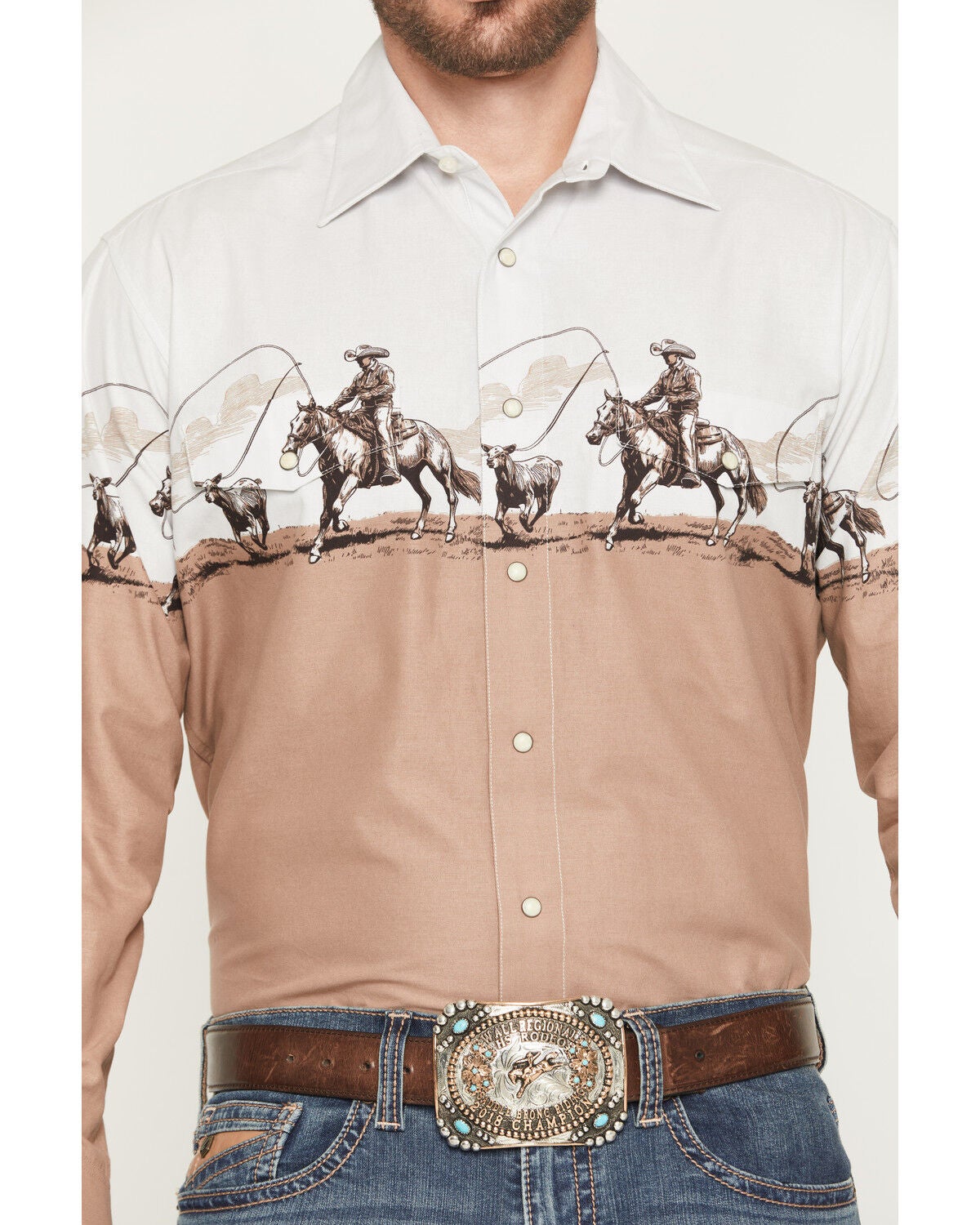 Image #3 - Panhandle Slim Men's Cowboy Border Print Long Sleeve Snap Western Shirt, Tan, hi-res