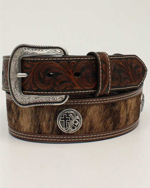 M & F Western Men's Brown Cross & Calf Hair Leather Belt, Brown, hi-res