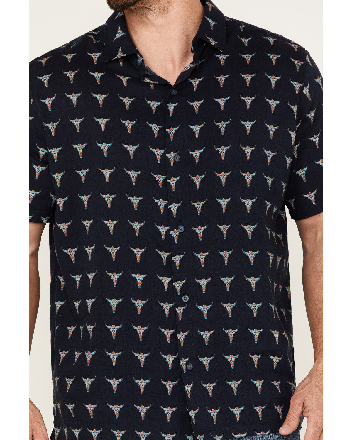 Image #3 - Gibson Men's Bull Pinata Print Western Shirt, Navy, hi-res