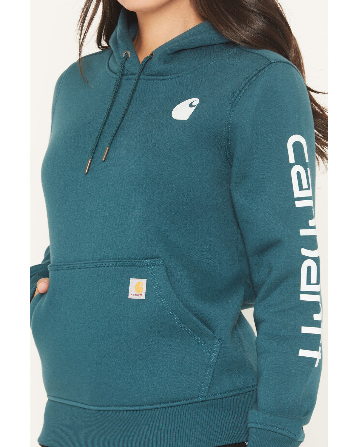 Image #3 - Carhartt Women's Relaxed Fit Midweight Logo Sleeve Graphic Hoodie, Green, hi-res