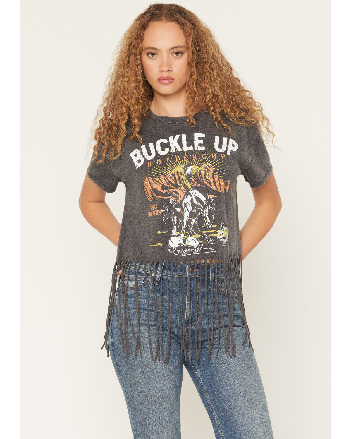 Image #1 - Blended Women's Buckle Up Fringe Short Sleeve Graphic Tee, Charcoal, hi-res