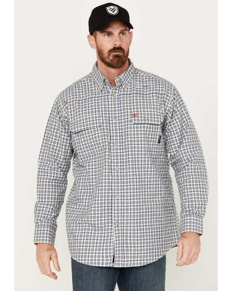 Ariat Men's FR Plaid Print Featherlight Long Sleeve Button Down Work Shirt, Blue, hi-res