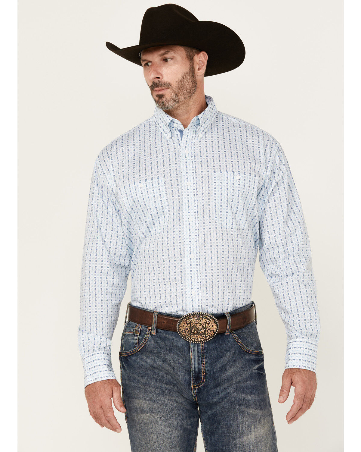 Image #1 - George Strait by Wrangler Men's Geo Print Long Sleeve Button-Down Stretch Western Shirt, White, hi-res