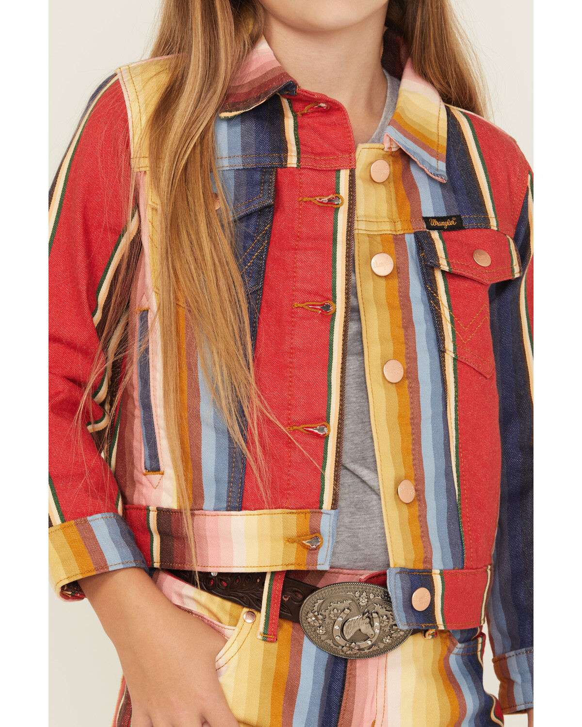 Image #3 - Wrangler X Lainey Wilson Girls' Rodeo Striped Trucker Jacket, Red, hi-res