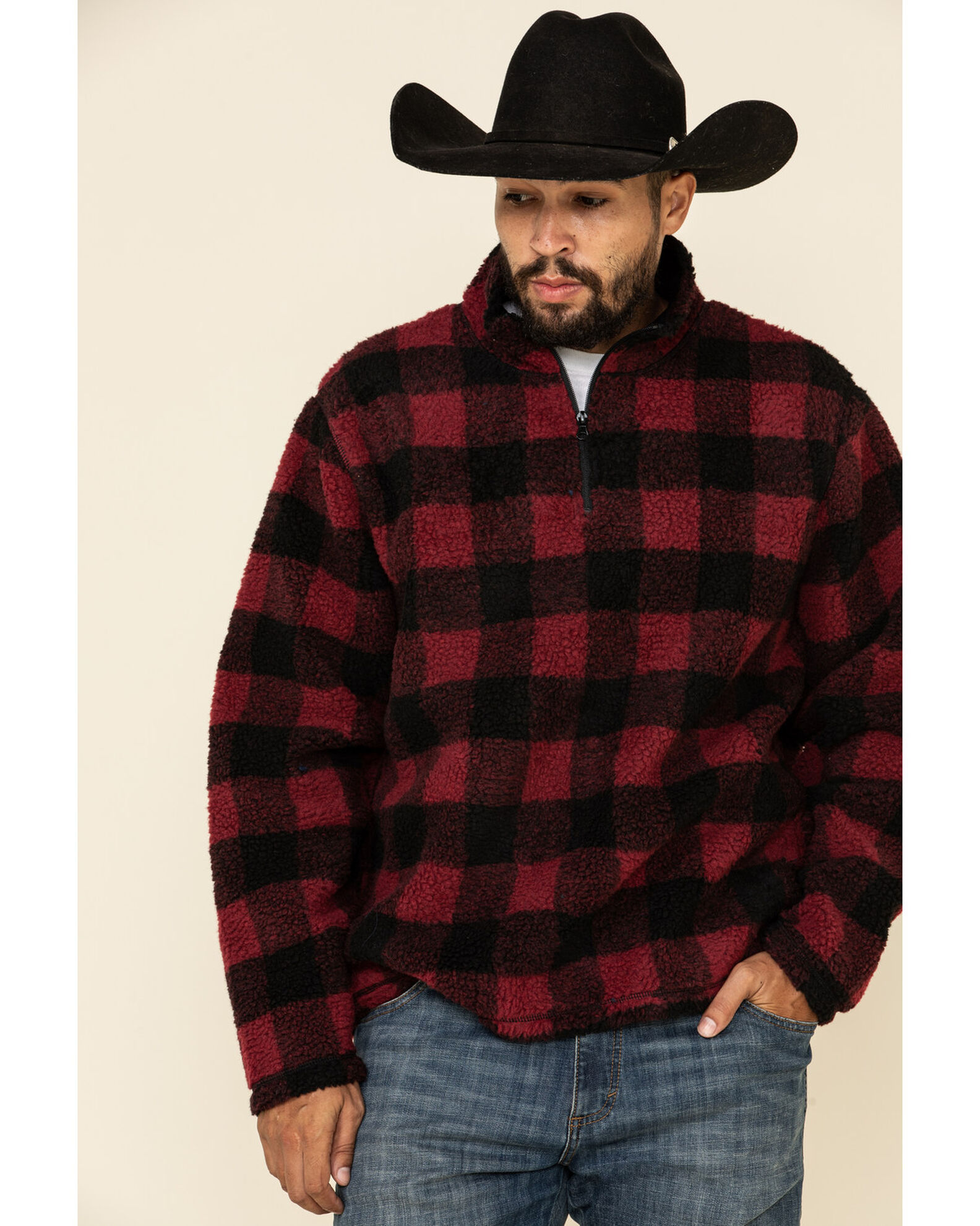 Wrangler Men's Red Buffalo Plaid 1/4 Sherpa Zip Pullover | Boot Barn