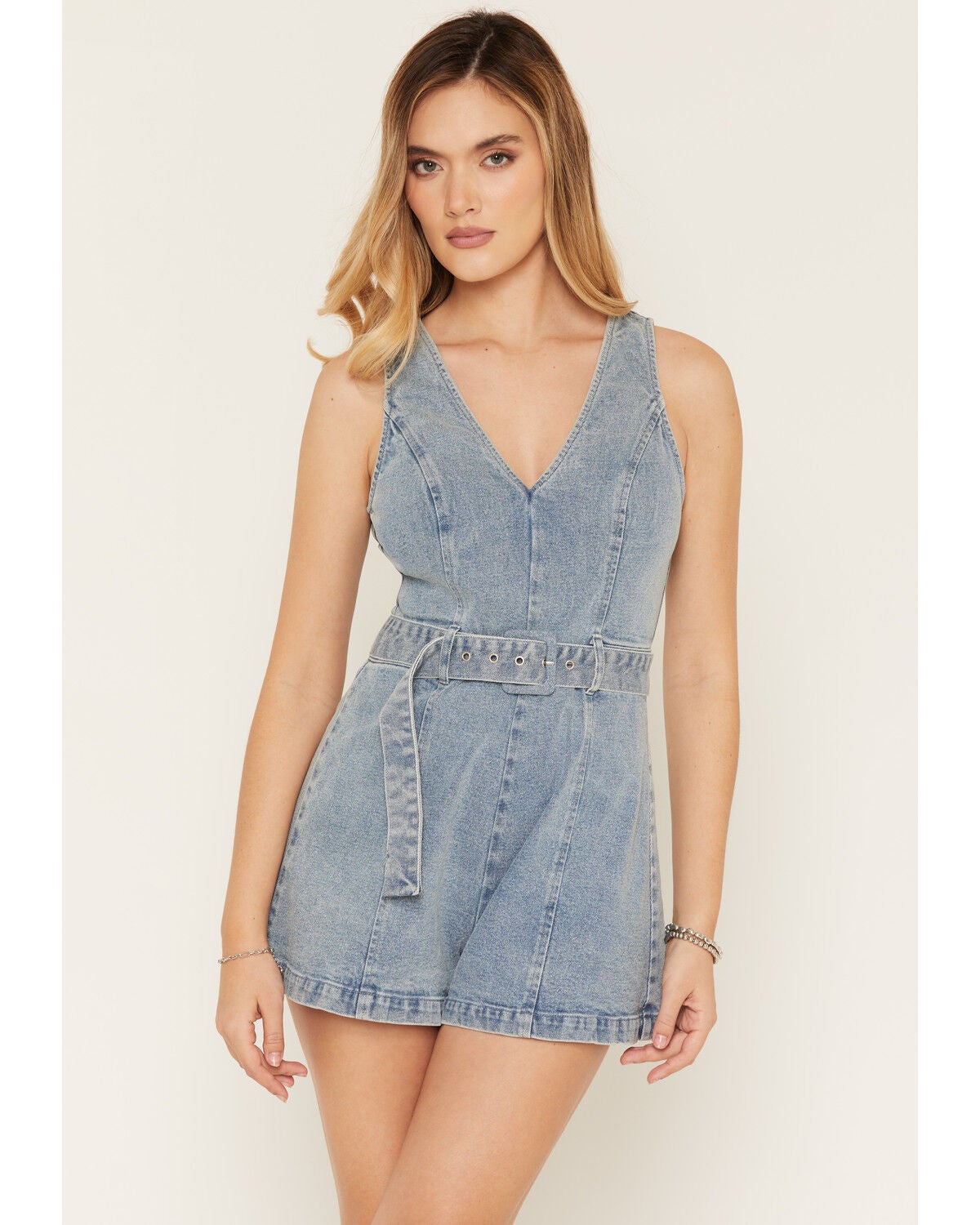 Cleo + Wolf Women's Light Wash Sleeveless Belted Denim Romper, Light Wash, hi-res