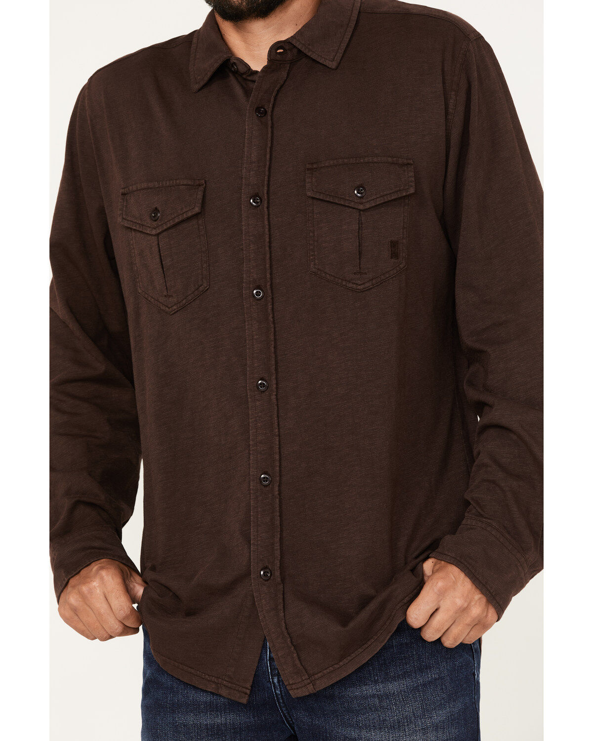 Image #3 - Brothers and Sons Men's Solid Pigment Slub Button Down Western Shirt, Dark Brown, hi-res
