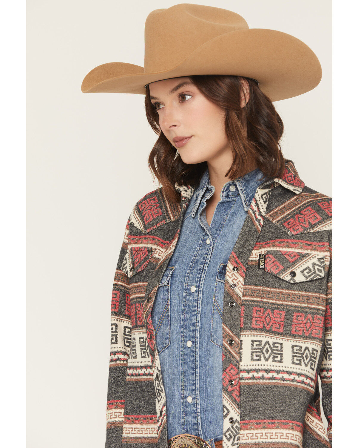Image #2 - Outback Trading Co Women's Lorelei Southwestern Print Long Sleeve Snap Performance Shirt, Red, hi-res