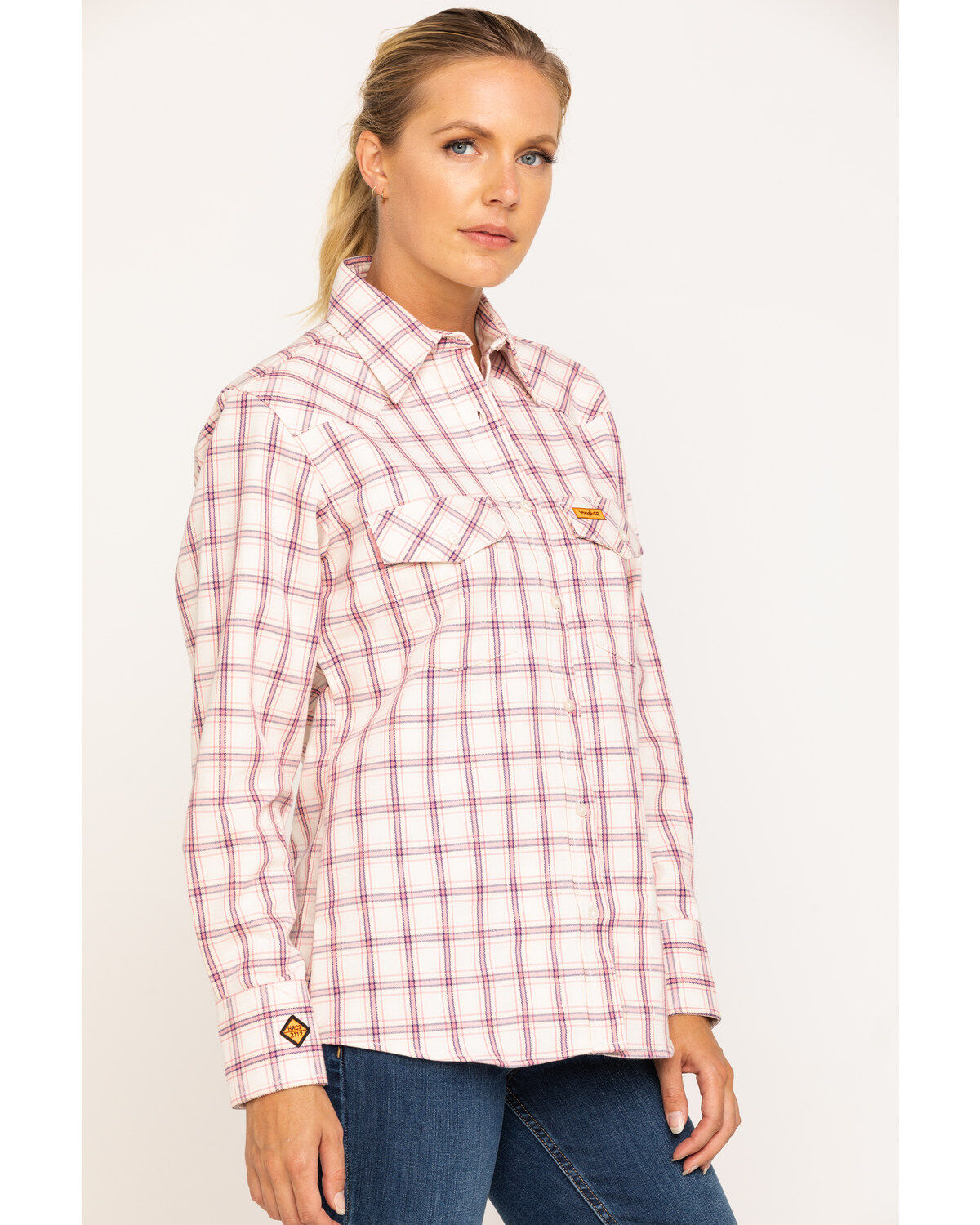 Image #3 - Wrangler Women's Pink FR Plaid Shirt, , hi-res