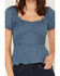 Image #3 - Ash & Violet Women's Bow Trim Short Sleeve Top, Teal, hi-res