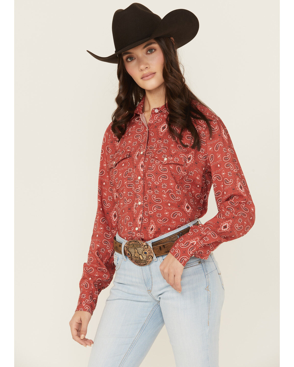 Panhandle Women's Paisley Print Long Sleeve Snap Western Shirt, Red, hi-res