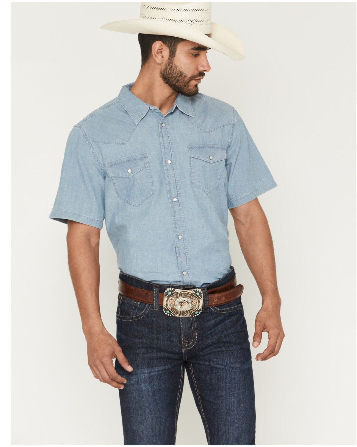 Cody James Men's Horizon Chambray Light Wash Short Sleeve Snap Western Shirt - Tall, Light Wash, hi-res