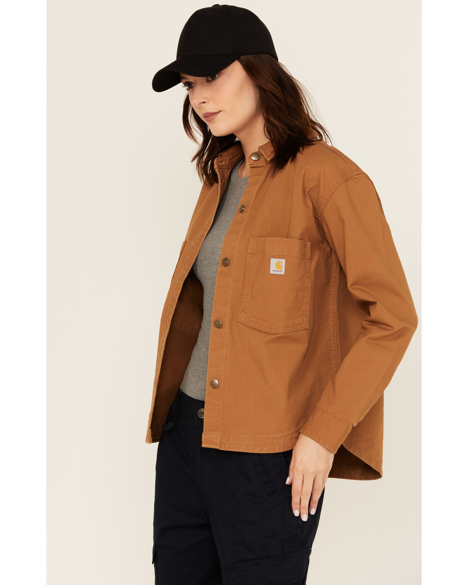 Image #2 - Carhartt Women's Rugged Flex® Loose Fit Heavyweight Duck Long Sleeve Button-Down Overshirt, Brown, hi-res