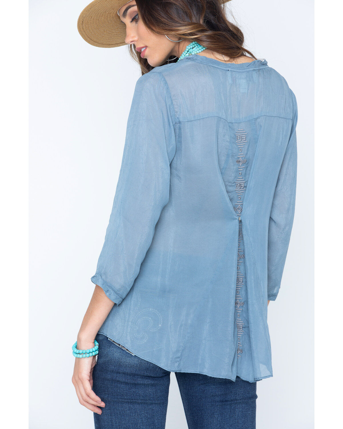 Image #3 - Ryan Michael Women's Embroidered Cupra Rayon Top, Navy, hi-res