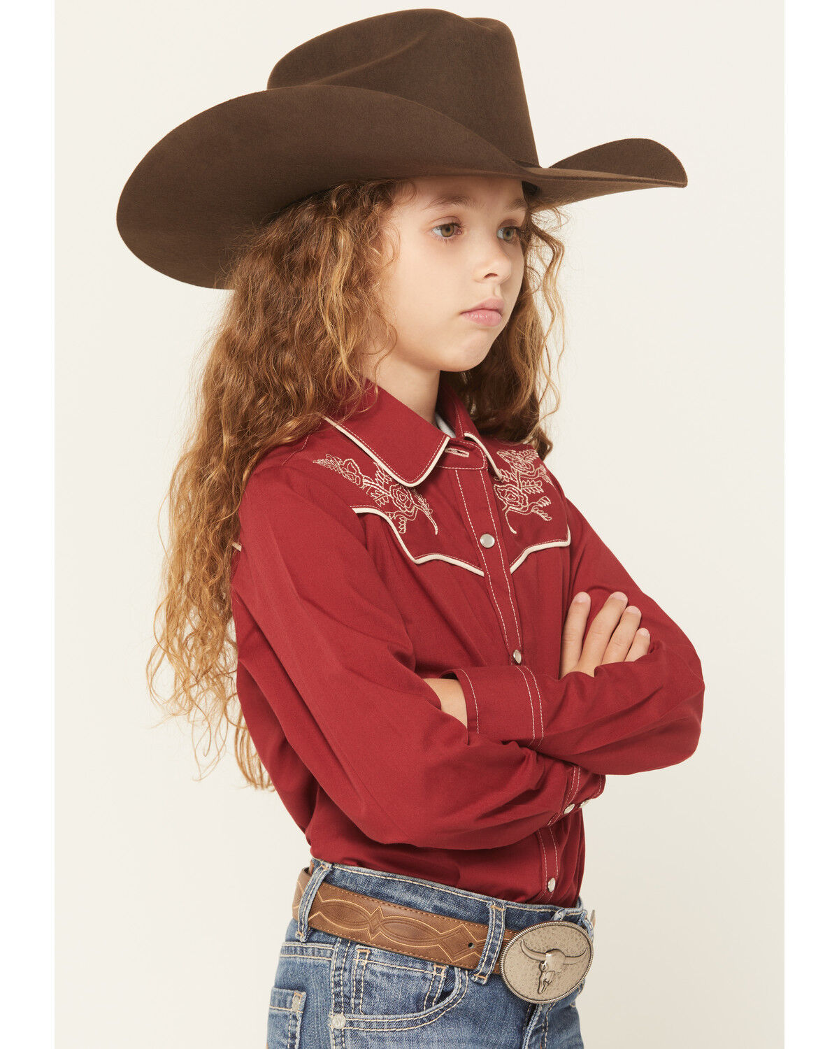 Image #2 - Ely Walker Girls' Solid Floral Embroidered Long Sleeve Snap Western Shirt, Red, hi-res
