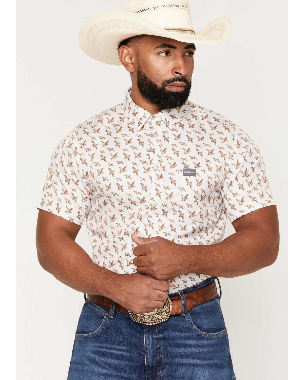 Burlebo Men's Mallard Flying Duck Print Short Sleeve Button-Down Performance Western Shirt, Cream, hi-res