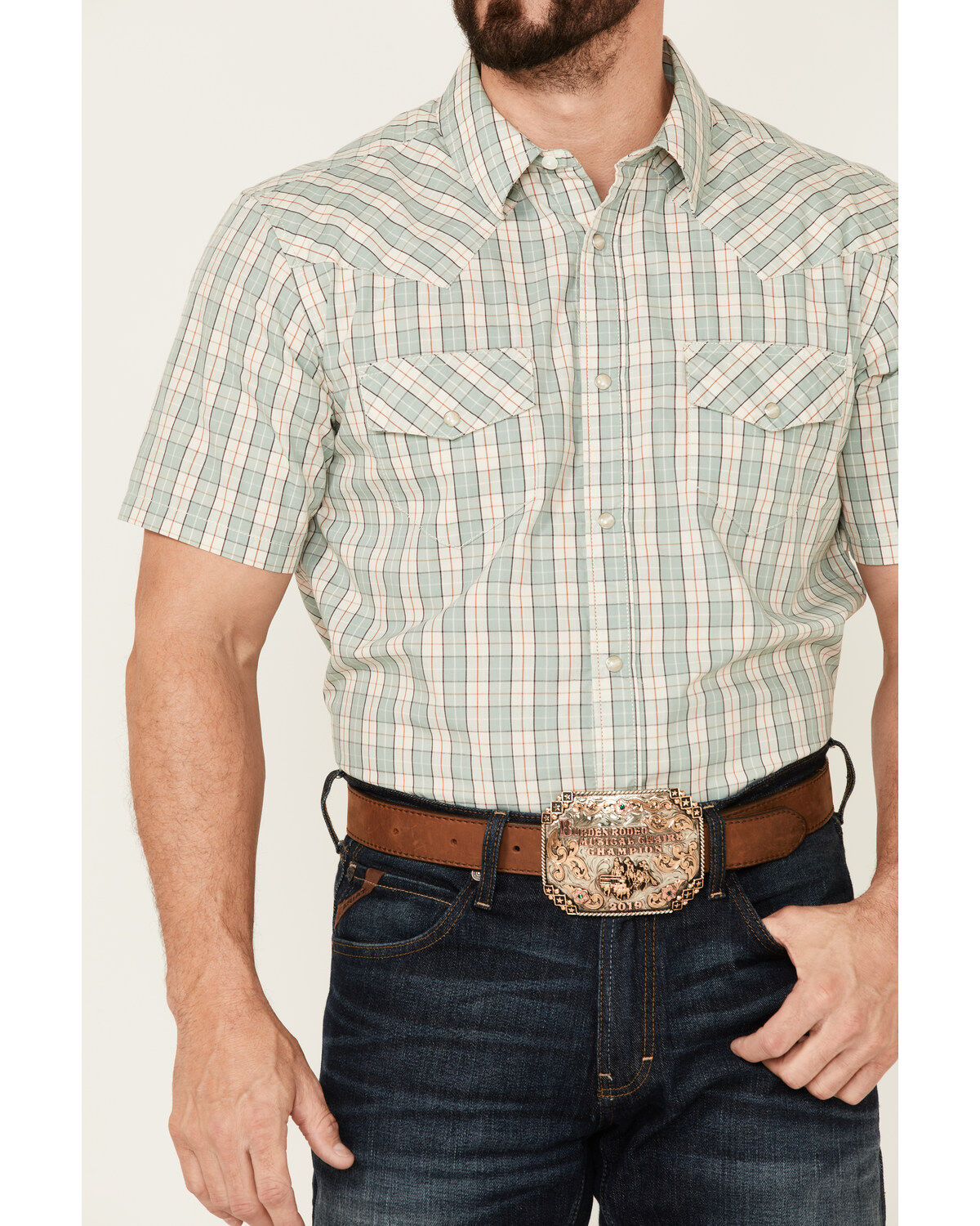 Product Name:  Gibson Men's Cream Archie Plaid Print Short Sleeve Pearl Snap Western Shirt