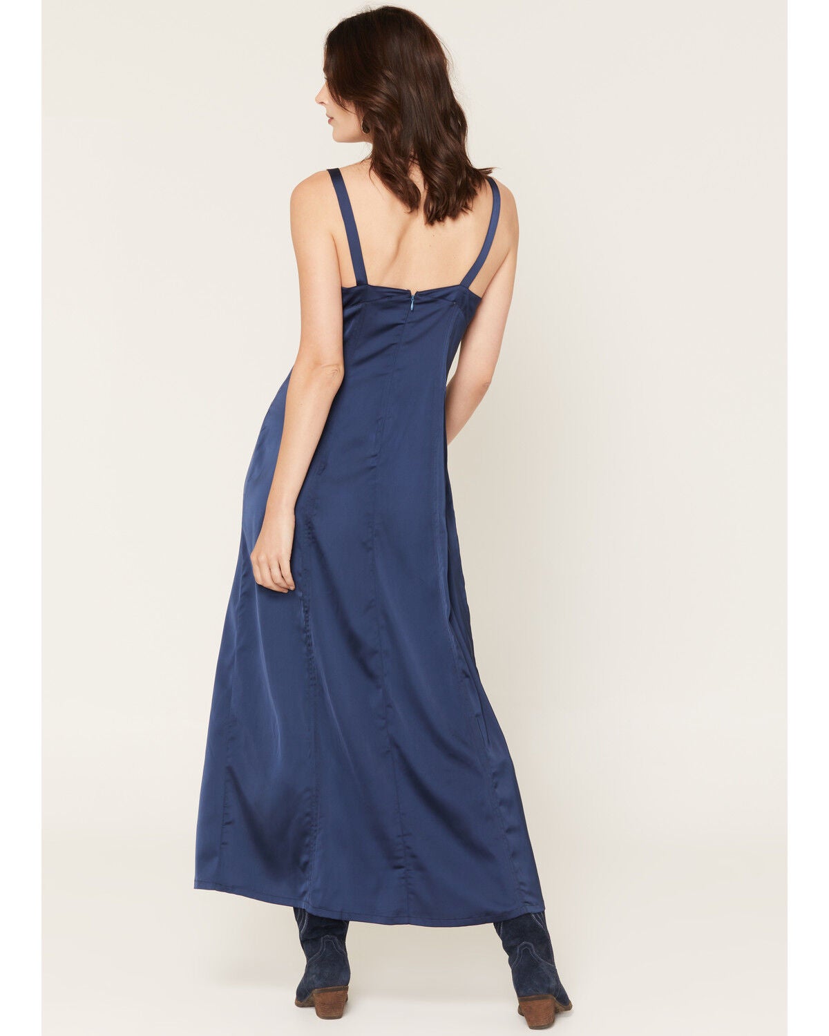 Image #4 - Rock & Roll Denim Women's Sleeveless Buckle Detail Satin Maxi Dress, Navy, hi-res