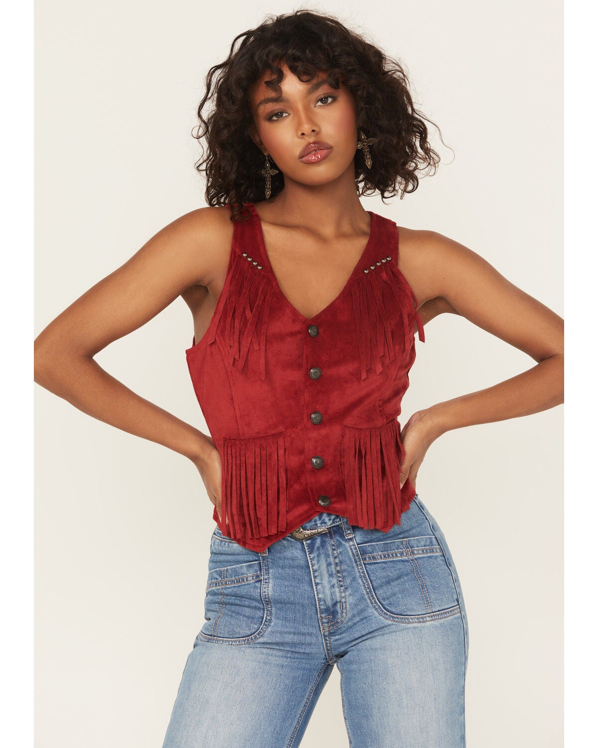Rock & Roll Denim Women's Fringe Faux Suede Vest, Red, hi-res