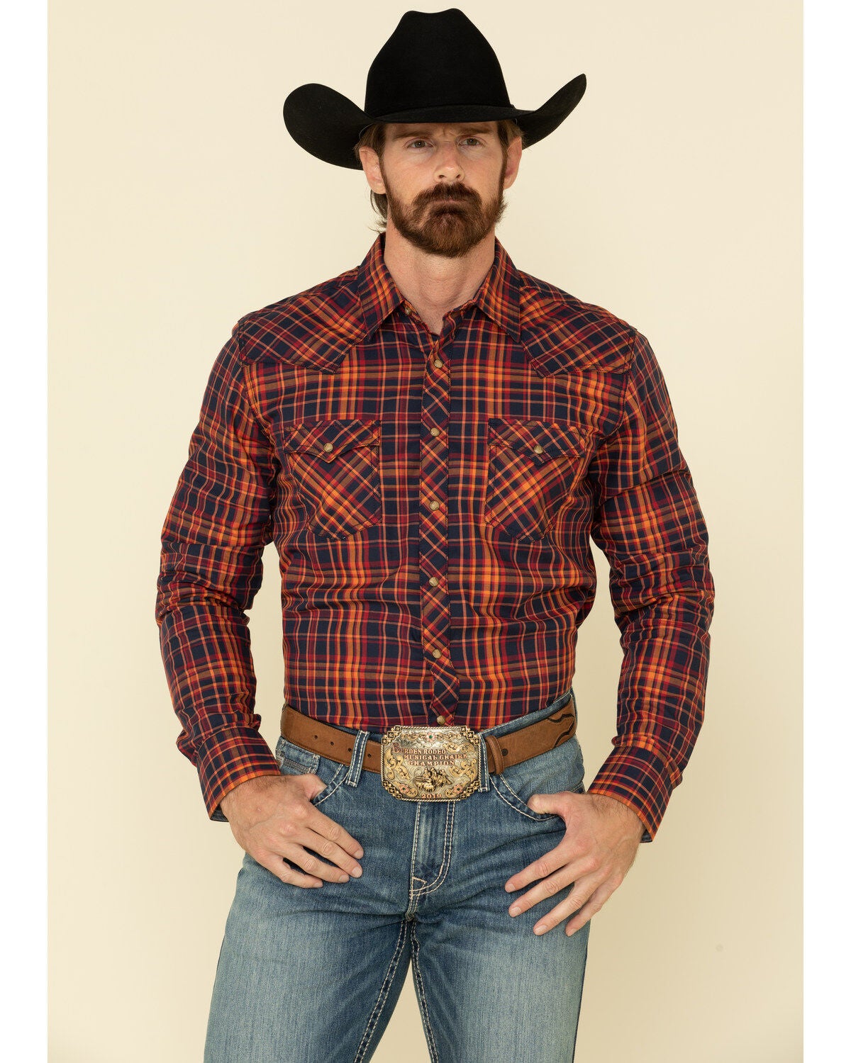 Image #2 - Wrangler Retro Premium Men's Navy Med Plaid Long Sleeve Western Shirt , , hi-res