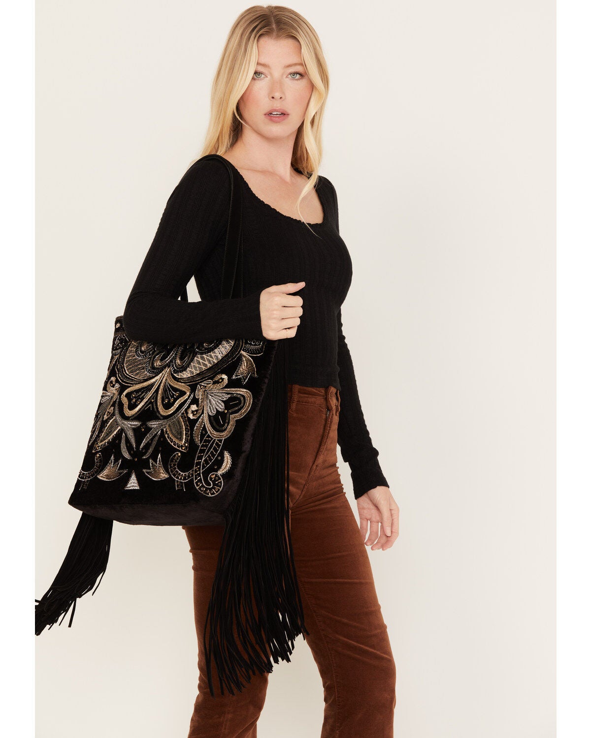 Shyanne Women's Velvet Embroidered Beaded & Fringe Tote, Black, hi-res