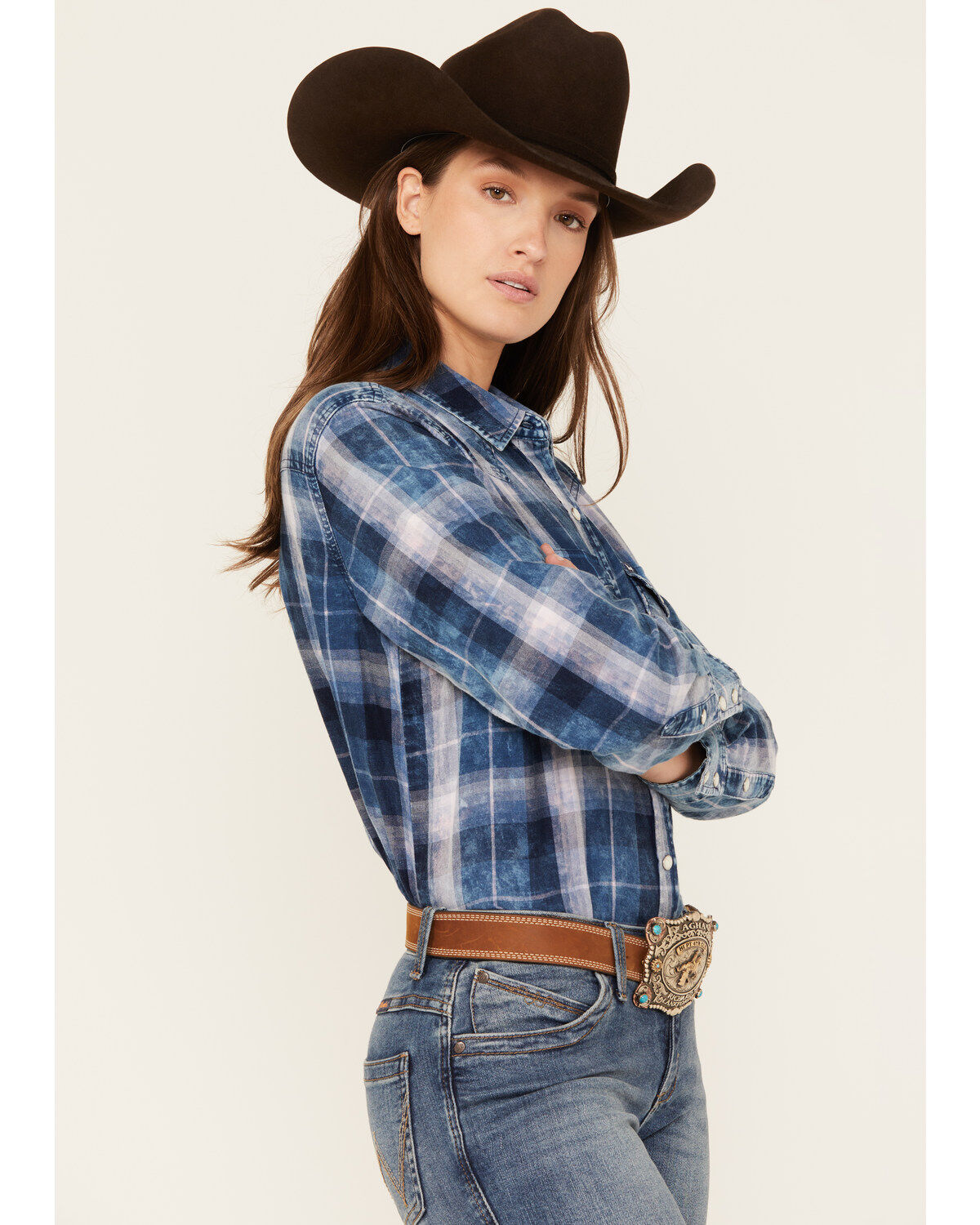 Image #2 - Wrangler Retro Women's Medium Wash Denim Plaid Print Long Sleeve Snap Western Shirt, Medium Wash, hi-res