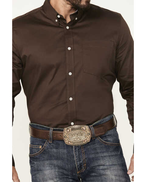 Cody James Men's Basic Twill Long Sleeve Button-Down Performance Western Shirt, Dark Brown, hi-res