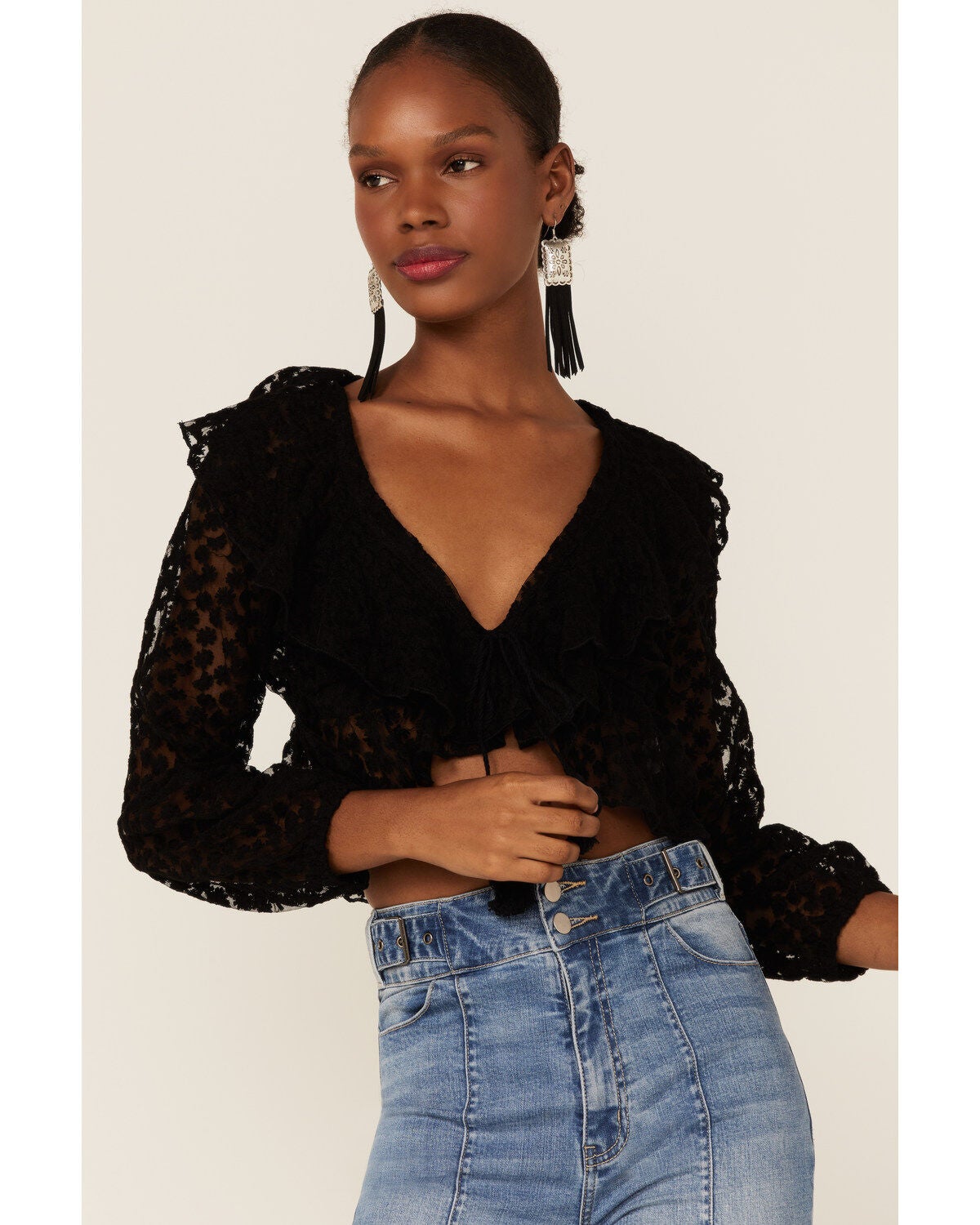 Saints & Hearts Women's Floral Lace Ruched Crop Top, Black, hi-res