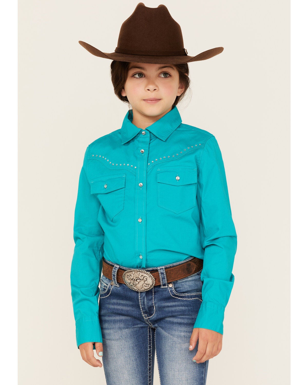 Image #1 - Shyanne Girls' Rhinestone Long Sleeve Western Button Down Shirt, , hi-res