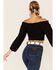 Flying Tomato Women's Solid Off The Shoulder Smocked Crop Long Sleeve Top, Black, hi-res