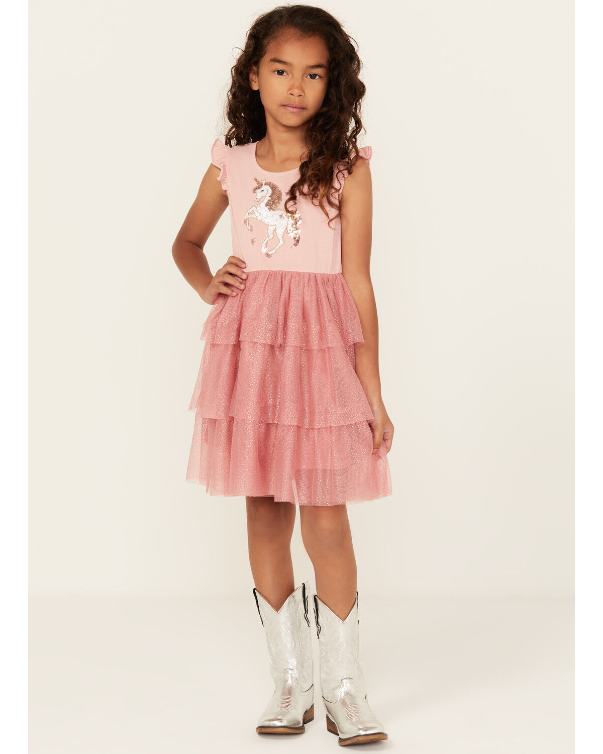 Image #1 - Sugar California Girls' Unicorn Sequin Tiered Ruffle Dress, Pink, hi-res