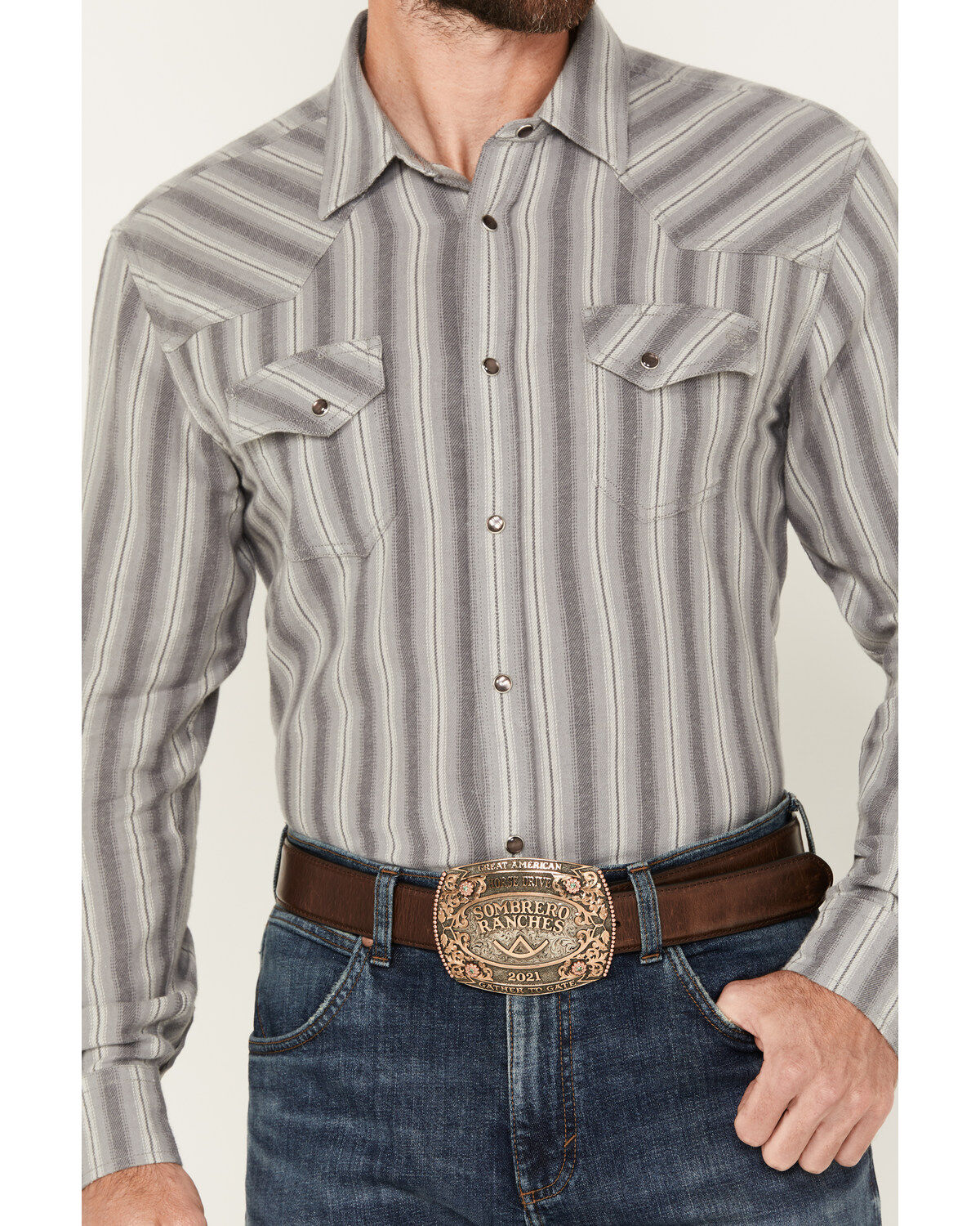 Image #3 - Blue Ranchwear Men's Freestone Striped Print Long Sleeve Snap Western Shirt, Light Grey, hi-res