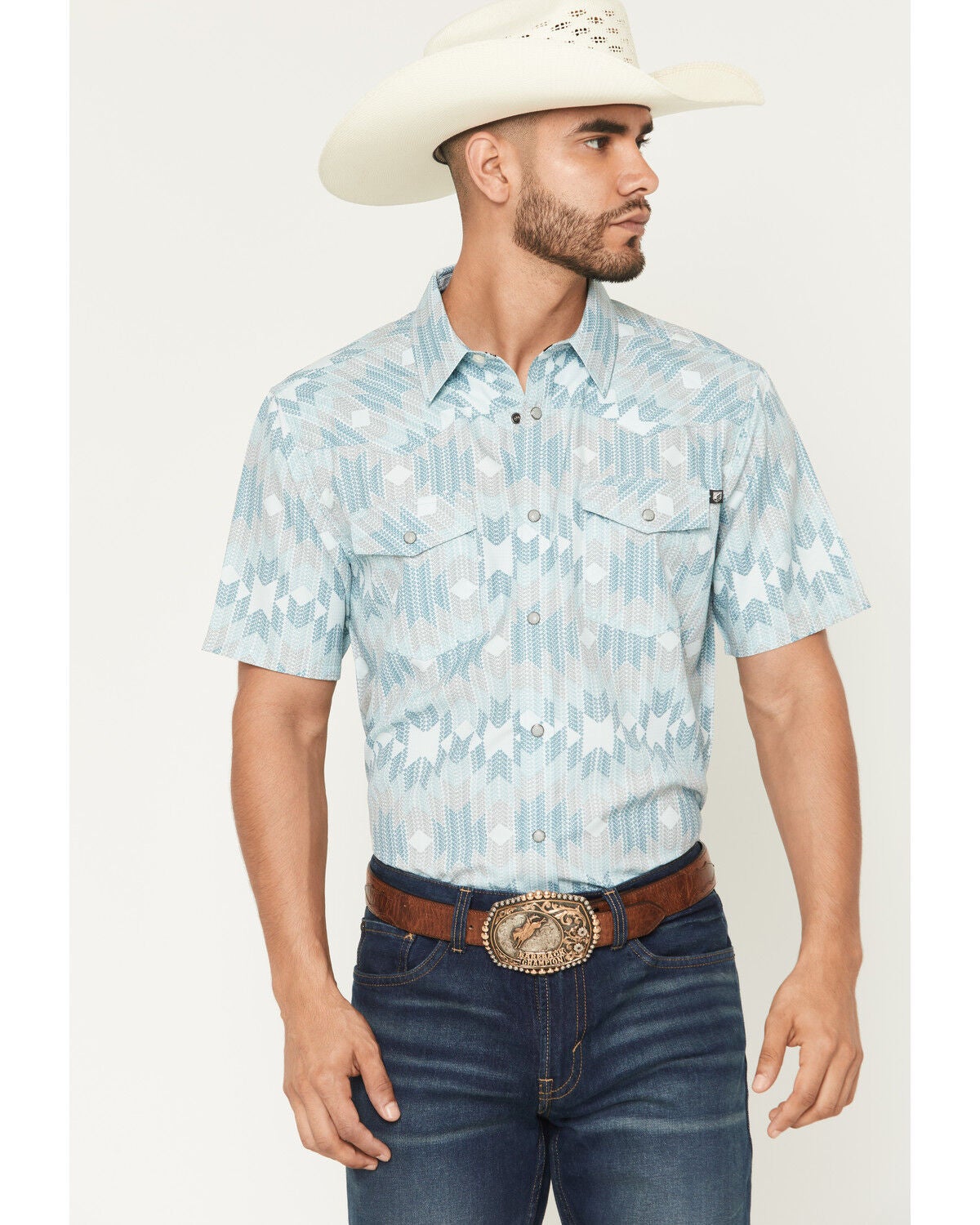RANK 45&reg; Men's Pioneer Trail Southwestern Print Short Sleeve Snap Performance Western Shirt, Mint, hi-res
