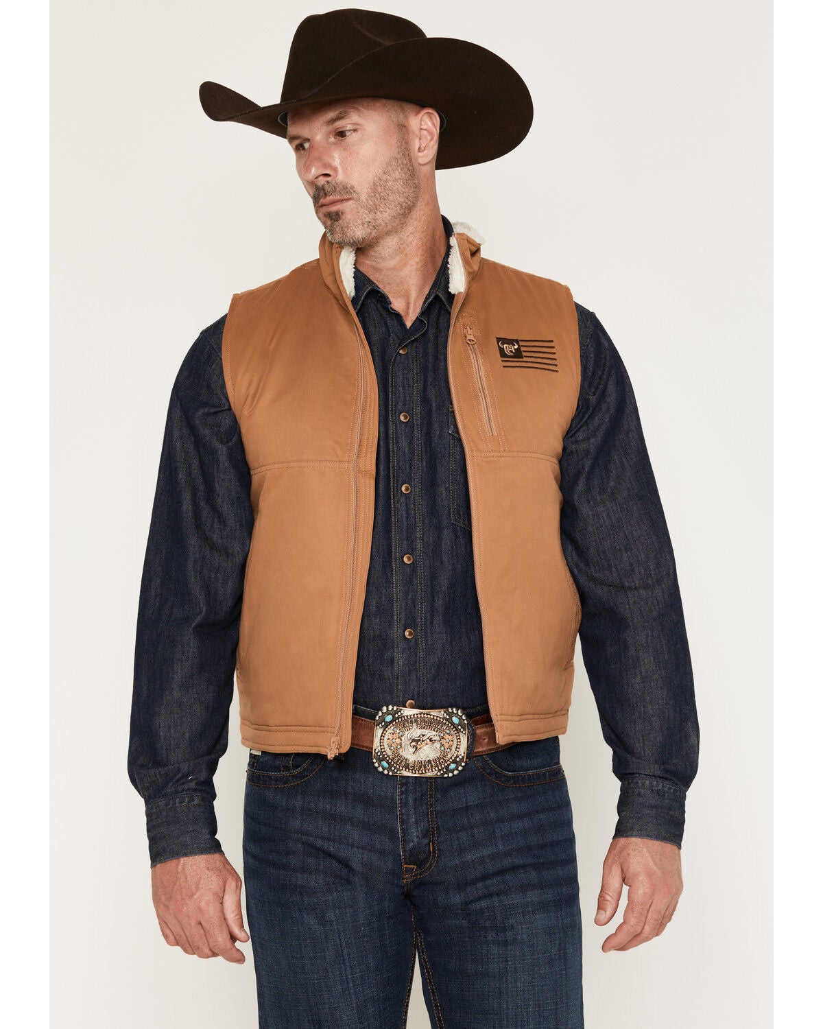 Cowboy Hardware Men's Flag Concealed Carry Twill Vest, Camel, hi-res
