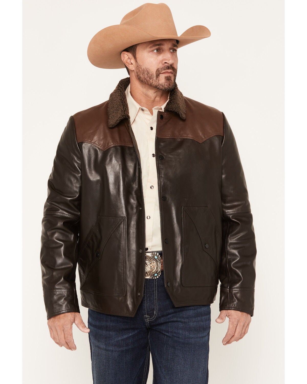 Image #1 - Scully Men's Shearling Collar Trucker Jacket, Chocolate, hi-res