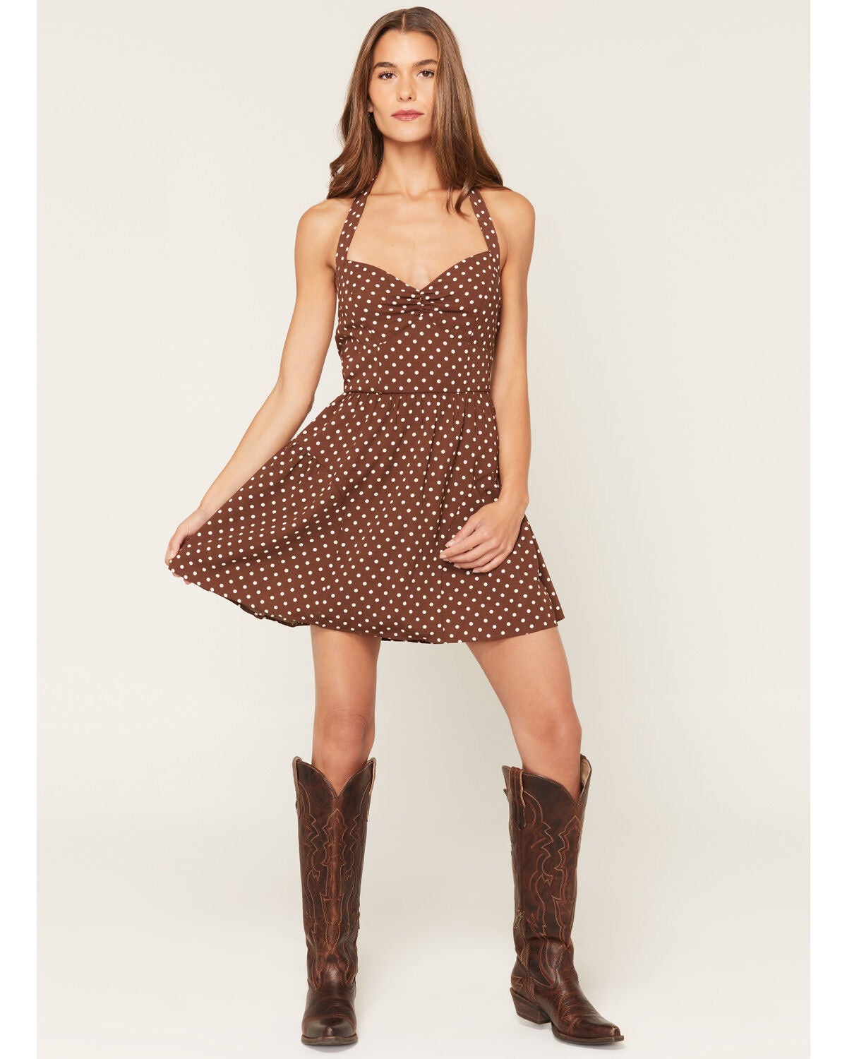 Image #1 - Ash & Violet Women's Polka Dot Halter Mini Dress, Brown, hi-res