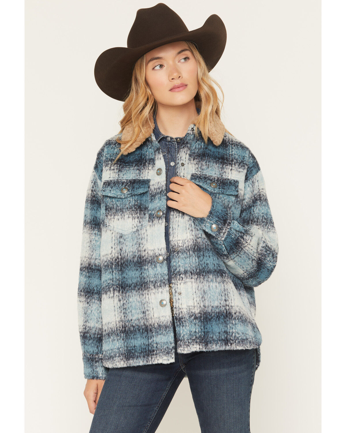 Image #1 - Shyanne Women's Sherpa Collar Shacket, Turquoise, hi-res