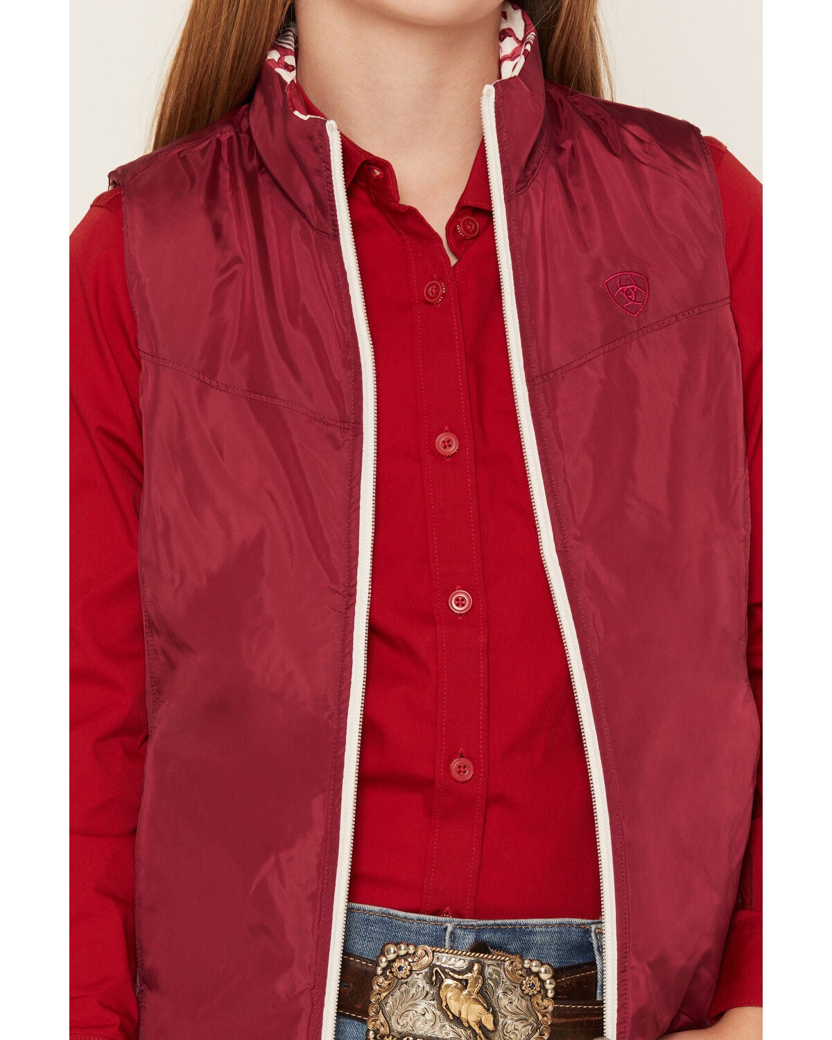Image #2 - Ariat Girls' Bella Reversible Horse Print Vest, Multi, hi-res