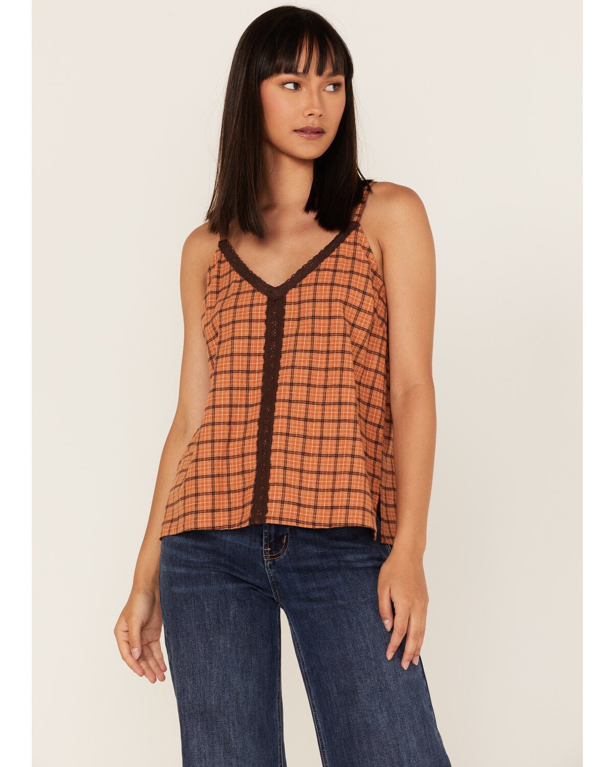 Cleo + Wolf Women's Plaid Print Flannel Tank Top, Cognac, hi-res