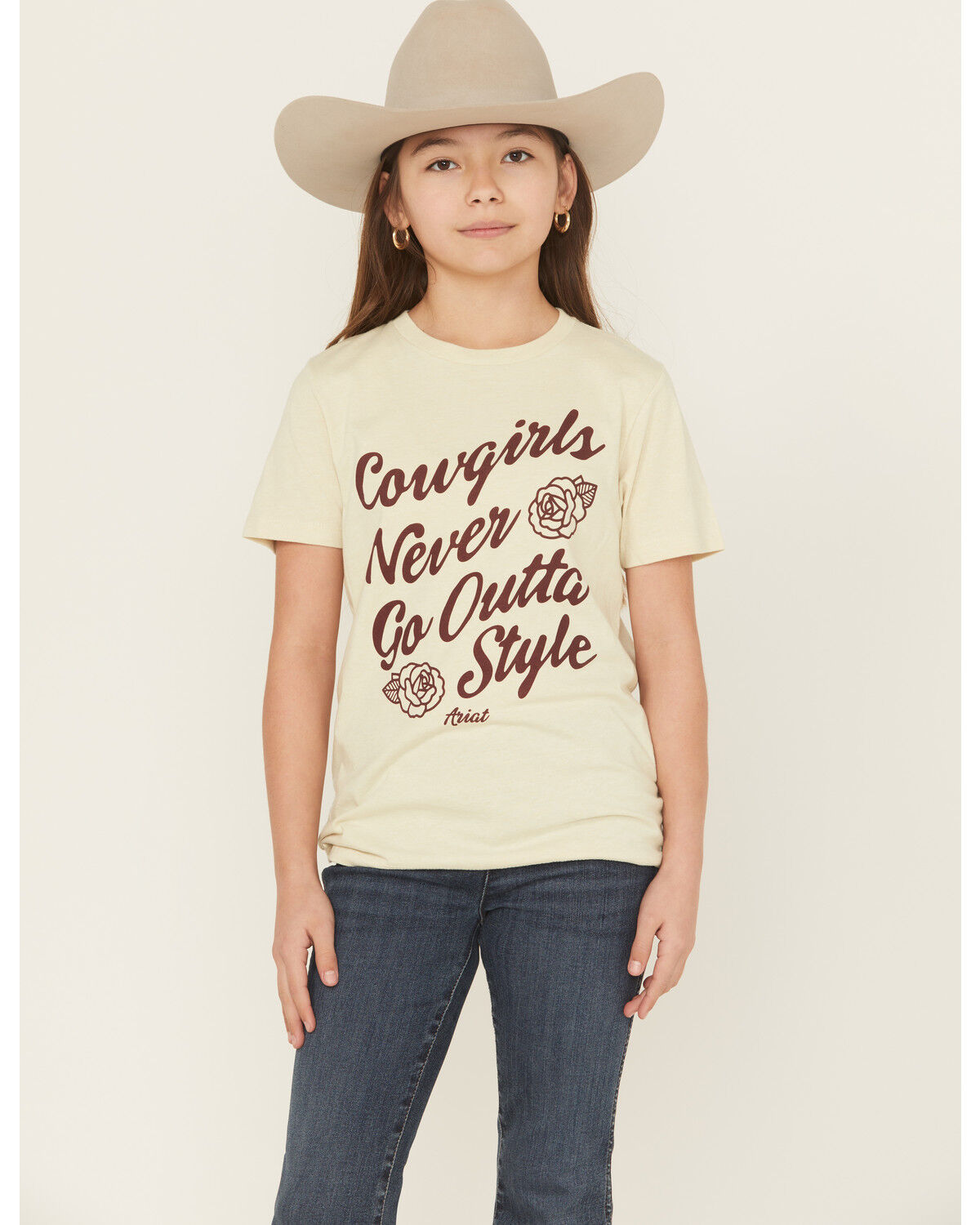 Image #1 - Ariat Girls' Outta Style Short Sleeve Graphic Tee, Tan, hi-res