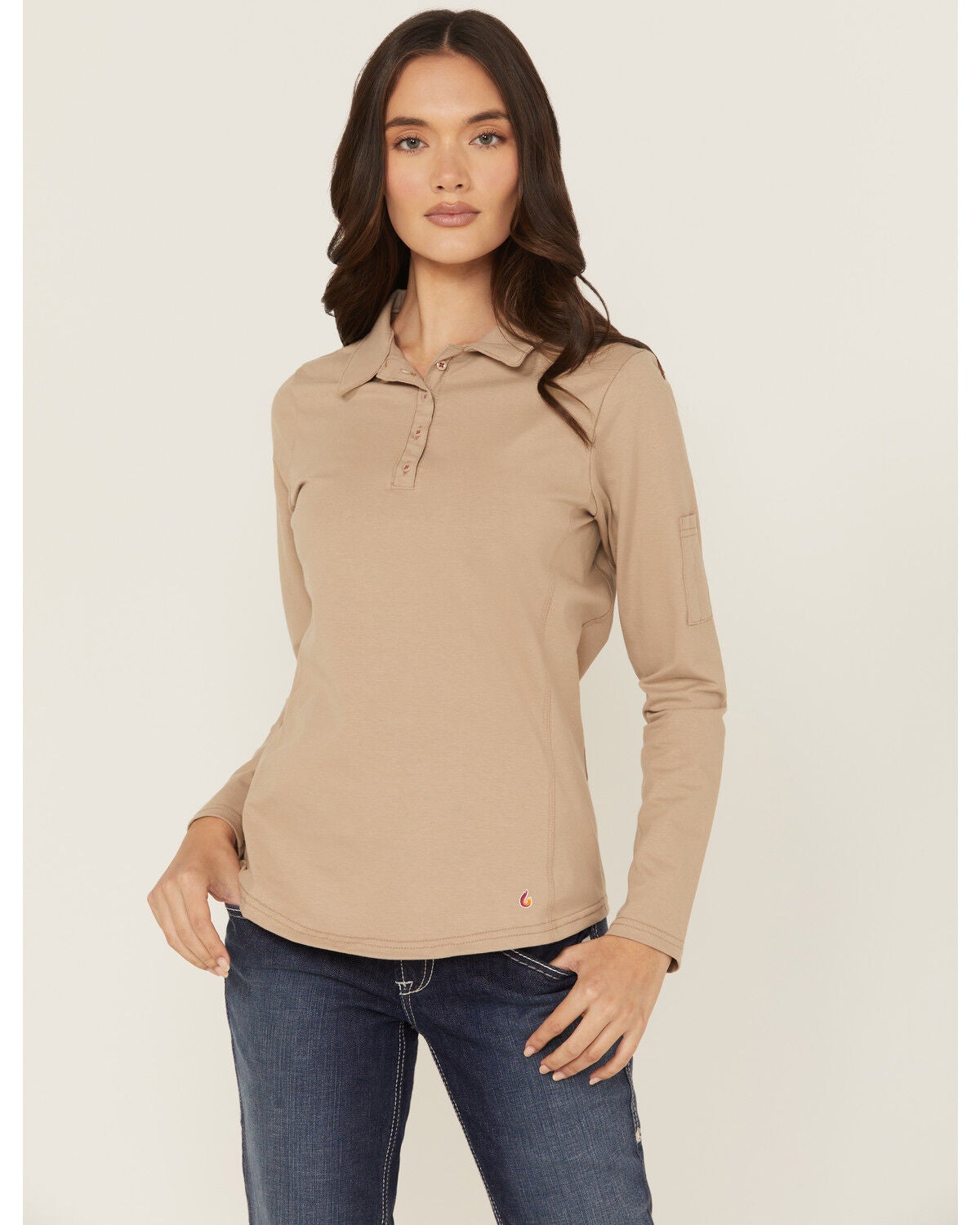 Lapco Women's FR Solid Knit Long Sleeve Polo Work Shirt, Beige, hi-res