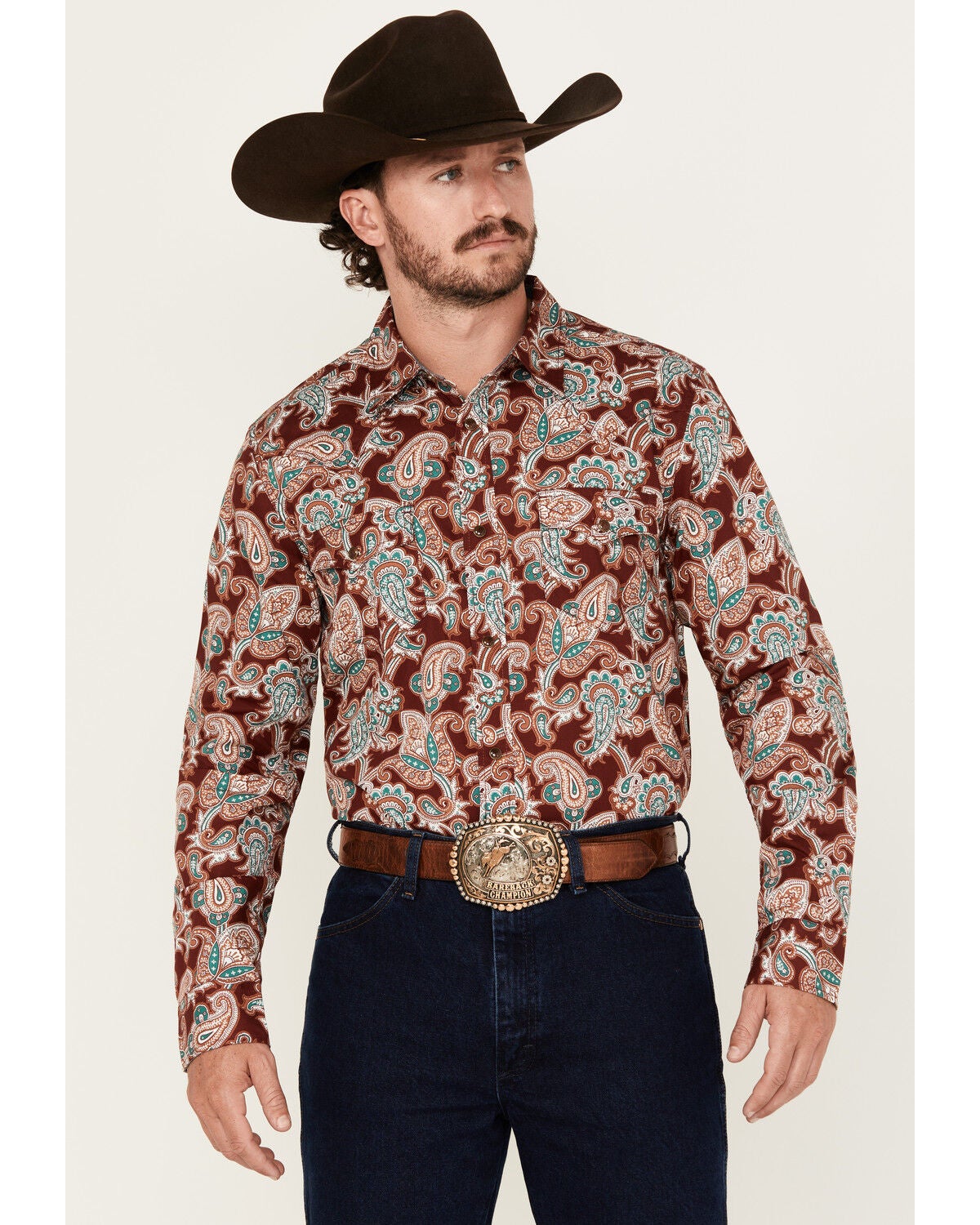 Cody James Men's Noah Paisley Print Long Sleeve Snap Western Shirt, Burgundy, hi-res